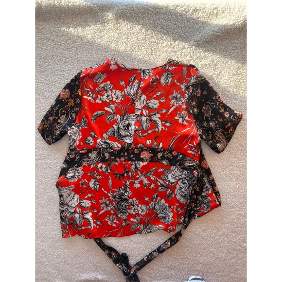 Zara Woman Mixed Print Floral Paisley Blouse Red Black Short Sleeve XL - Picture 2 of 3